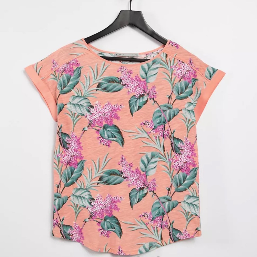Oasis Tropical Floral Print Light Pink Short Sleeve Tee Shirt Sz L
